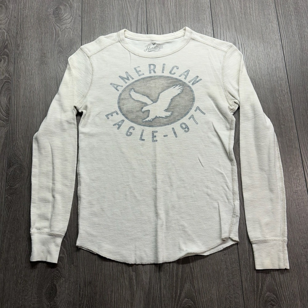 American Eagle Heritage Thermal Shirt Mens XS Cream Y2K Graphic Long Sleeve Tee